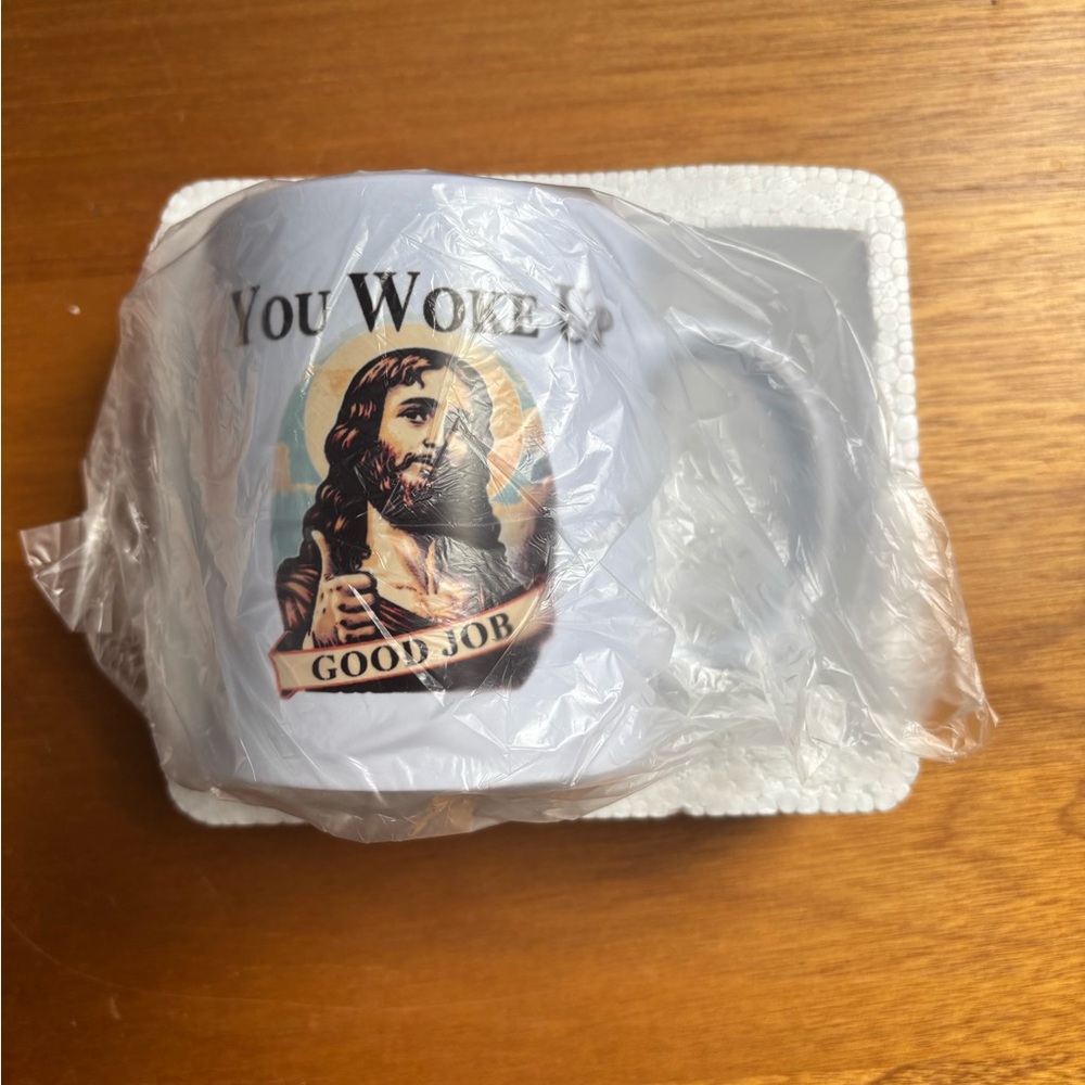White Mug with Religious Print, Sarcasm Gift